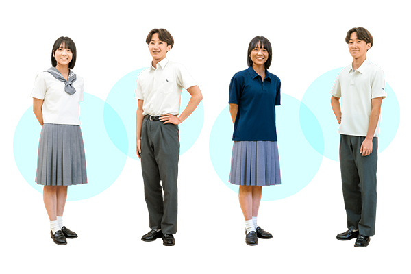 夏服とポロシャツ。夏服には吸汗速乾素材を採用し、涼しくドライな着心地を実現。